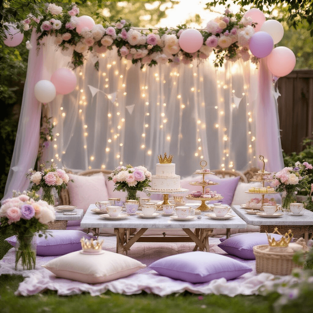 Magical Princess Birthday Party: Your Ultimate Guide to Royally Awesome Celebration Cozy backyard tea party setup with lavender and cream cushions, marble dessert carts, delicate teacups, fresh peonies, fairy lights, pastel balloons, and crown-shaped party favors framed by a tulle backdrop.