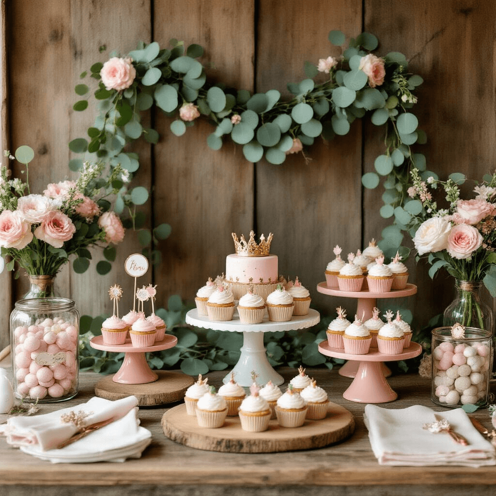 Magical Princess Birthday Party: Your Ultimate Guide to Royally Awesome Celebration Styled princess party dessert table featuring crown-topped cupcakes, eucalyptus garlands, and terracotta and sage green accents against a rustic wood backdrop.