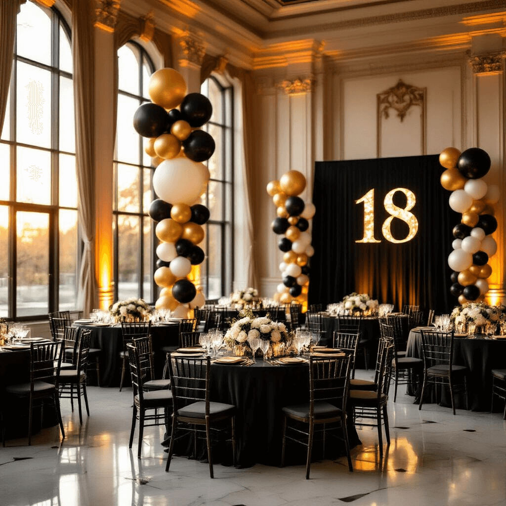 18th Birthday Bash: The Ultimate Guide to Throwing an Epic Celebration Wide-angle shot of an elegant indoor ballroom at golden hour, featuring round tables with black silk linens and gold accents, dramatic towering balloon arrangements, soft amber lighting, crystal glassware, low floral centerpieces of white roses and eucalyptus, a custom photo backdrop with '18' in gold letters, and sophisticated mood lighting highlighting marble floors and architectural details.