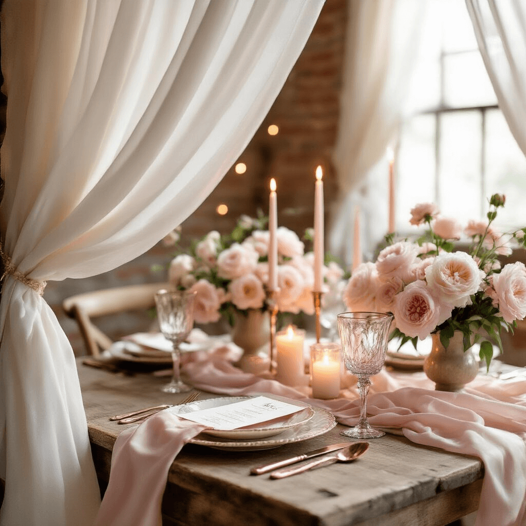 18th Birthday Bash: The Ultimate Guide to Throwing an Epic Celebration Close-up of an intimate dining nook bathed in soft morning light, featuring a blush pink and cream color palette, rustic wood table with silk table runners, vintage china and rose gold cutlery, clusters of pillar candles, and overflowing peonies and garden roses in mercury glass vessels, complemented by personalized menu cards and string lights against exposed brick walls.