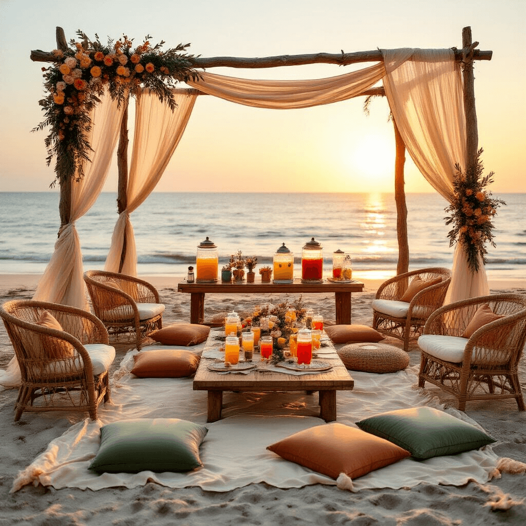 18th Birthday Bash: The Ultimate Guide to Throwing an Epic Celebration Cinematic wide shot of a beachfront celebration at golden hour, featuring low picnic-style tables with cream and terracotta linens, rattan chairs, and sage green velvet cushions, framed by driftwood arches adorned with fabric and coastal florals, warm lantern lighting, and a mocktail station against a stunning ocean backdrop.