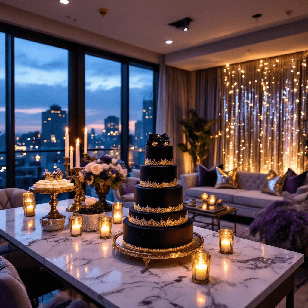 18th Birthday Bash: The Ultimate Guide to Throwing an Epic Celebration Moody evening interior of a modern apartment featuring candlelit ambiance and fairy lights, with marble countertops showcasing a multi-tiered black and gold birthday cake. Intimate conversation areas with contemporary furniture, metallic pillows, and a DIY photo booth with a sequined backdrop. Warm light from vintage brass candelabras complements the lavender and silver color scheme, while city lights shine through floor-to-ceiling windows.