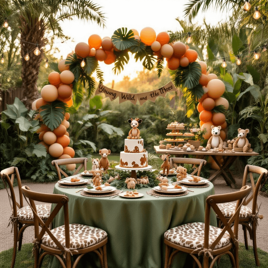 Young, Wild, and Three: The Ultimate 3rd Birthday Party Guide Wide-angle view of a whimsical outdoor safari-themed birthday party in a stylish backyard at golden hour, featuring round tables with earthy silk linens, plush animal centerpieces, and balloon garlands. A dessert table showcases a three-tiered safari cake amidst lush artificial palm fronds and playful safari character cutouts, all illuminated by soft sunlight and string lights.