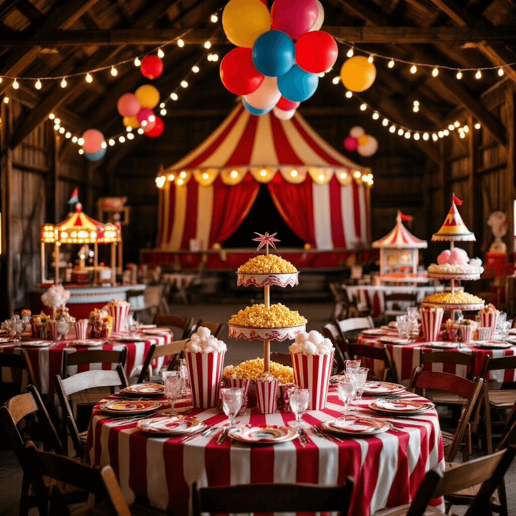 Young, Wild, and Three: The Ultimate 3rd Birthday Party Guide Cinematic view of a vibrant circus-themed celebration in a rustic barn, showcasing red and white striped table linens, carnival game stations, and dramatic tent backdrops, illuminated by string lights. Features vintage carts with popcorn and cotton candy, colorful balloon clusters, and whimsical centerpieces, capturing the festive, playful atmosphere.