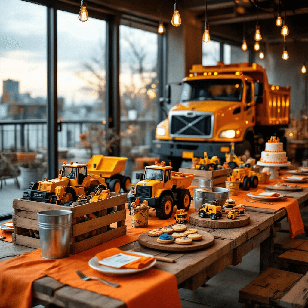 Young, Wild, and Three: The Ultimate 3rd Birthday Party Guide Moody wide-angle shot of a construction truck-themed party in a modern apartment, featuring industrial decor with wooden crates and metal buckets filled with toy trucks, arranged on low tables with orange and yellow linens. The scene is warmly lit with Edison bulb strings, showcasing DIY construction zone signage, personalized hard hat favors, a construction-themed cake, and tool-shaped cookies on rustic wood serving boards.