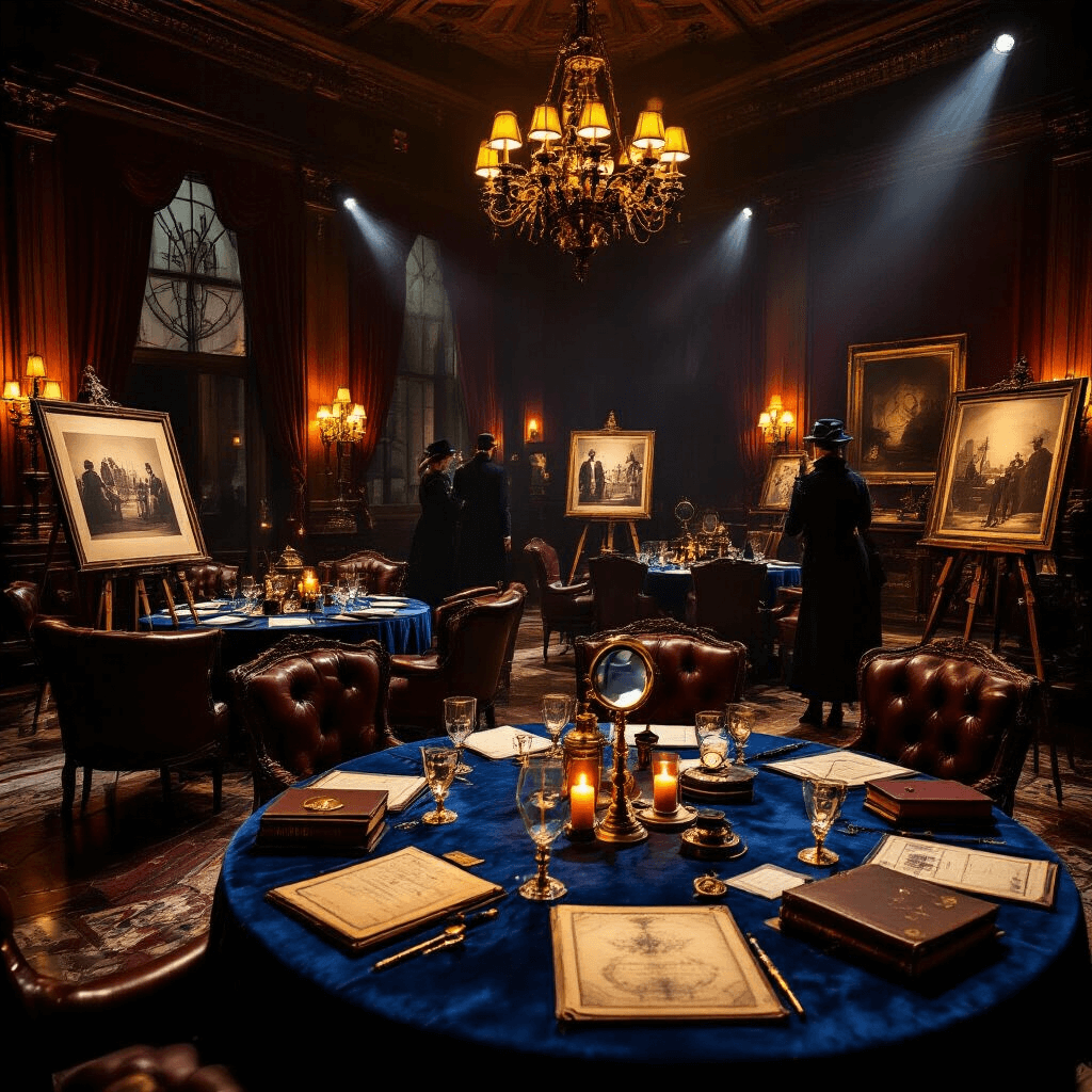 Elegant indoor ballroom transformed into a mysterious detective-themed escape room, featuring warm amber lighting, rich mahogany furniture, and vintage leather armchairs. Round tables adorned with midnight blue velvet linens, brass magnifying glasses, antique maps, and flickering candle centerpieces. Victorian-era detective props like pocket watches and leather-bound clue books scattered on marble surfaces. Guests in period detective costumes examine oversized vintage photographs, surrounded by an ornate gold and deep navy color palette with burgundy accents.