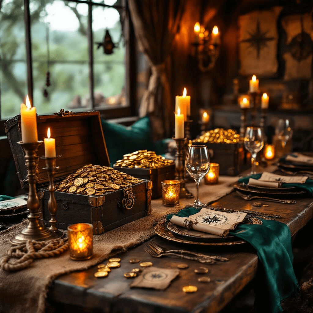 Close-up of an intimate pirate-themed dining nook featuring candlelit ambiance, rustic wood tables with burlap and emerald silk runners, antique treasure chests filled with chocolate gold coins, and elaborate place settings with pewter goblets and wooden chargers, all surrounded by layered textures of rope netting, aged maps, and leather decor in rich forest green and gold hues.