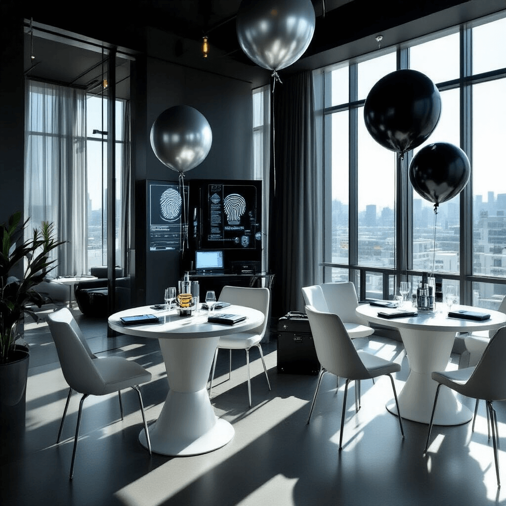 A cinematic wide shot of a stylish modern apartment transformed into a sophisticated spy mission escape room party, featuring clean natural light, contemporary furniture, high-tech gadgets, minimalist tables with geometric centerpieces, and dramatic balloon installations, all in a luxe minimal aesthetic.