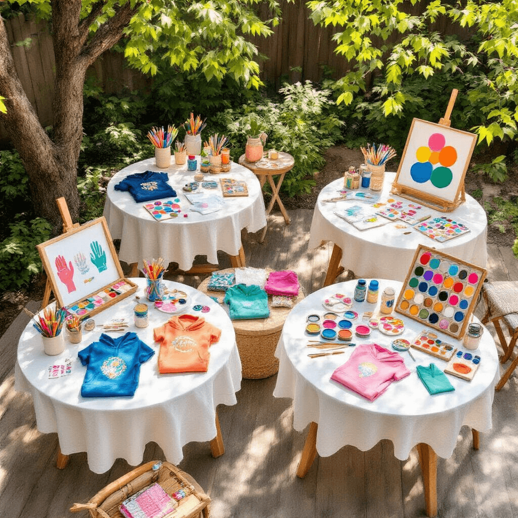 Overhead view of a stylish backyard DIY craft party, featuring round tables with white tablecloths organized with colorful craft supplies, including customizable hoodie kits, t-shirt design stations, friendship bracelet making materials, and canvas painting easels, all under soft afternoon sunlight filtering through trees.