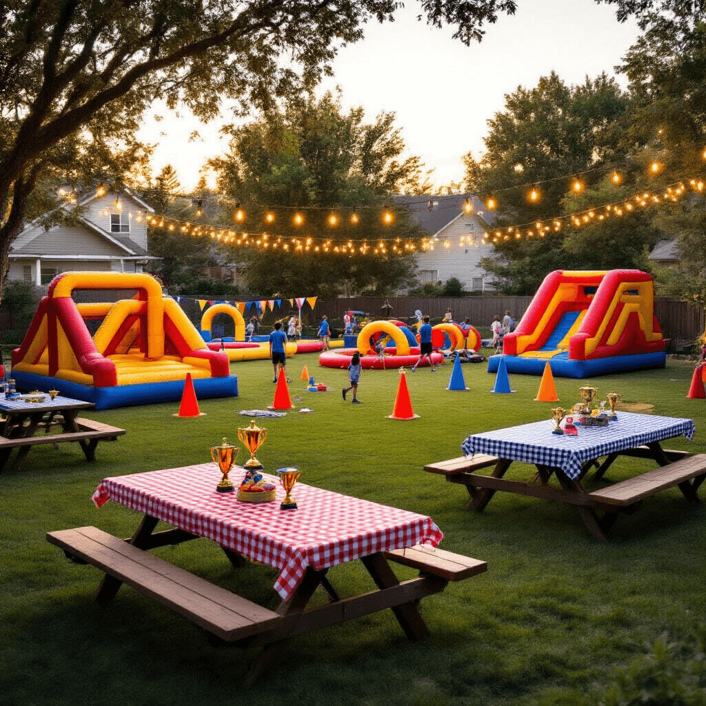 Cinematic wide-angle shot of a suburban backyard transformed into a vibrant adventure party zone with an inflatable obstacle course, mini-Olympics setup, and cheerful picnic tables, all illuminated by twinkling string lights during golden hour.