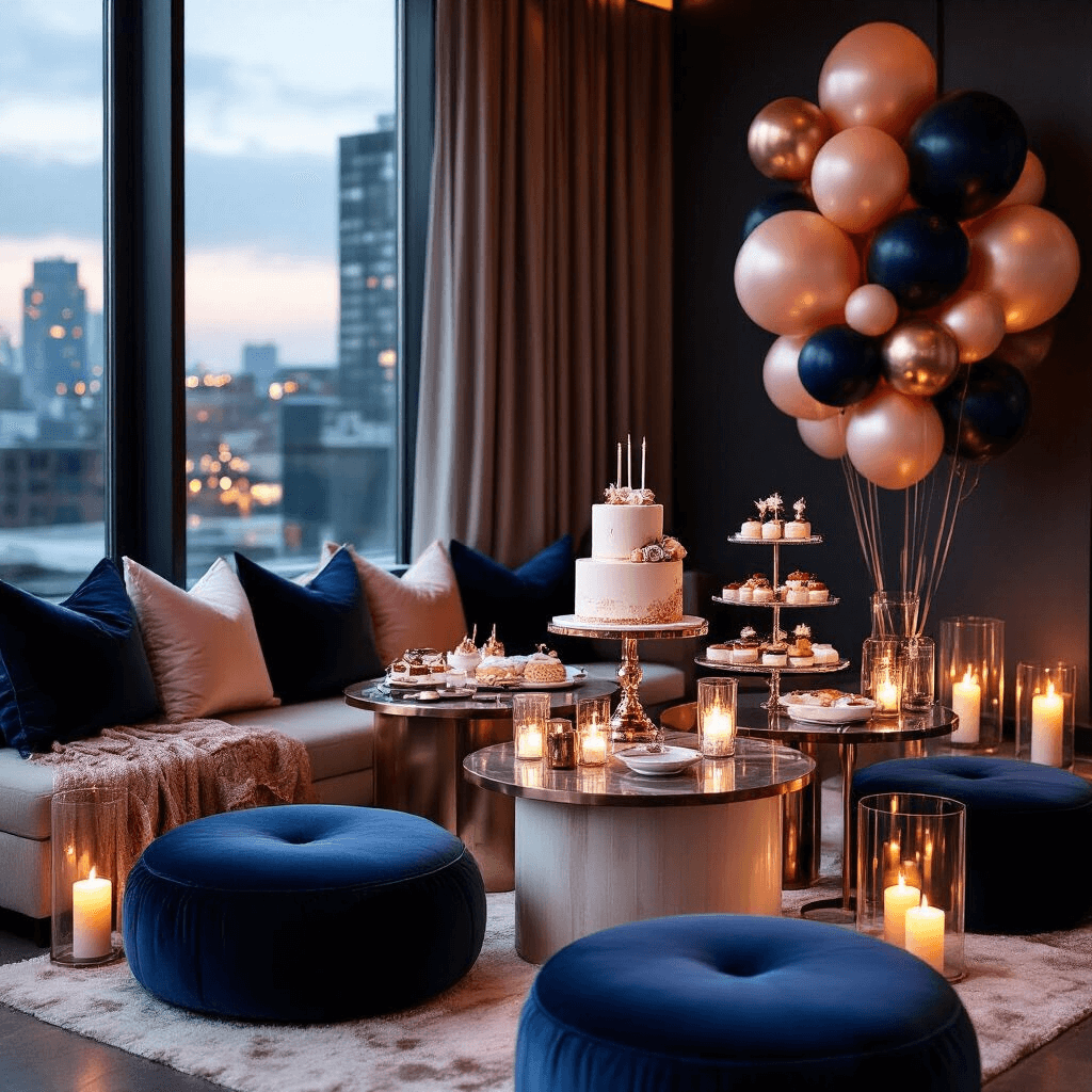 Moody candlelit scene of a stylish teen birthday party in a modern apartment, featuring low round tables with plush velvet cushions, elegant tiered cake stands, navy blue and rose gold decor, ambient string lights, and warm pillar candles, all styled for Instagram.