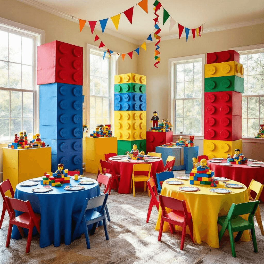 Photorealistic wide-angle view of a vibrant indoor living room transformed into a LEGO wonderland, featuring towering cardboard LEGO brick decorations, colorful minifigure banners, festive tables with LEGO-themed centerpieces, and cheerful children's party chairs under warm afternoon sunlight.