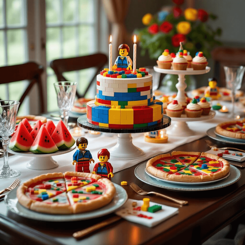 A beautifully styled LEGO-themed birthday party dining table features a stunning LEGO cake, watermelon cut into brick shapes, and pizza arranged in geometric patterns, with tiered stands displaying custom LEGO character cookies and colorful cupcakes. The table is adorned with bright primary colors, soft candlelight, silk linens, LEGO minifigure place cards, and elegant crystal glassware.