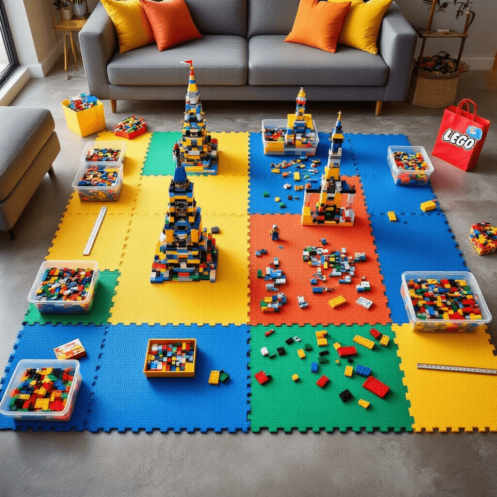Overhead view of a vibrant modern apartment living room, featuring colorful foam mats defining LEGO building zones, organized containers of sorted LEGO pieces, and half-completed constructions, all illuminated by bright task lighting, with party favor bags filled with LEGO keychains and stickers along the perimeter.
