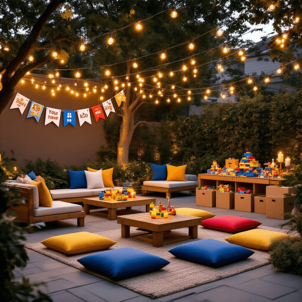 A beautifully styled backyard patio transformed for a LEGO celebration, featuring string lights, sophisticated outdoor furniture, colorful floor cushions, DIY LEGO decorations, custom birthday banners, ambient candles, and elegant gift tables, all bathed in warm golden hour lighting.