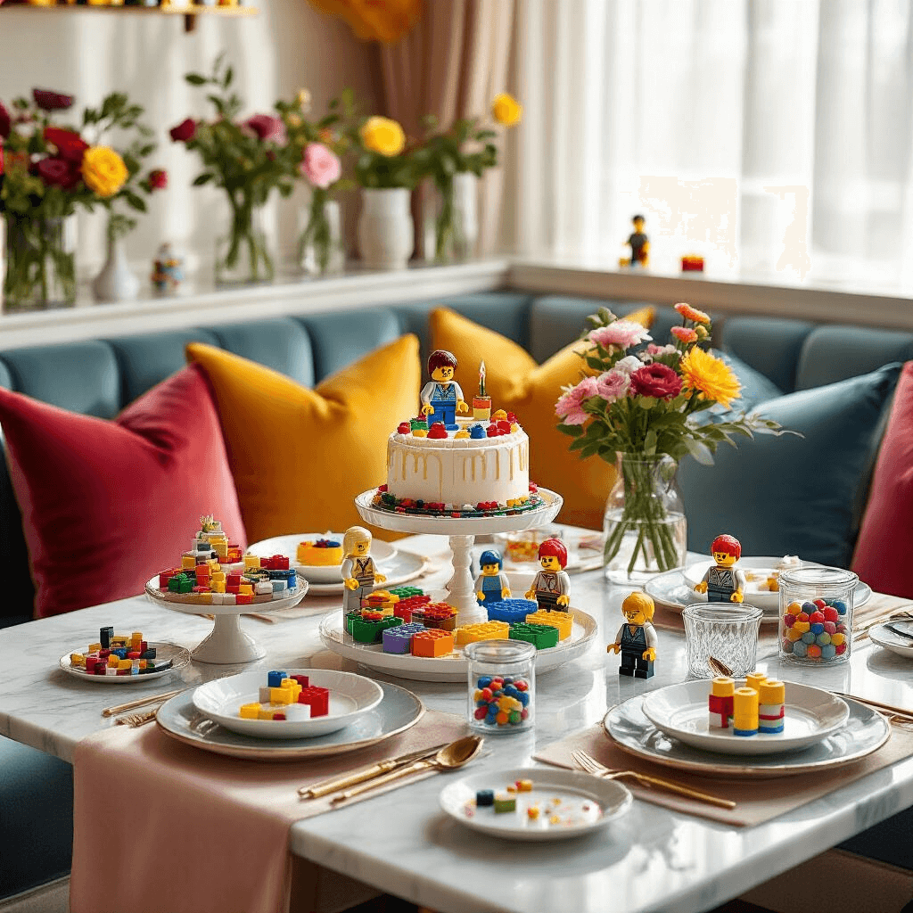 Intimate dining nook featuring a LEGO-themed dessert cart with a Birthday Cake Kit, artisanal treats, bright velvet cushions, LEGO-brick-shaped vases with fresh flowers, custom party favors, silk table runners, personalized LEGO minifigure place settings, and premium ceramic plates, all illuminated by soft morning light.
