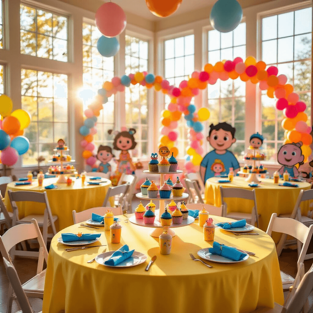 Wide-angle view of a colorful indoor living room decorated for a Cocomelon birthday party, featuring yellow tablecloths, cupcakes with character toppers, balloon arches, and a whimsical photo booth, all bathed in soft morning light.