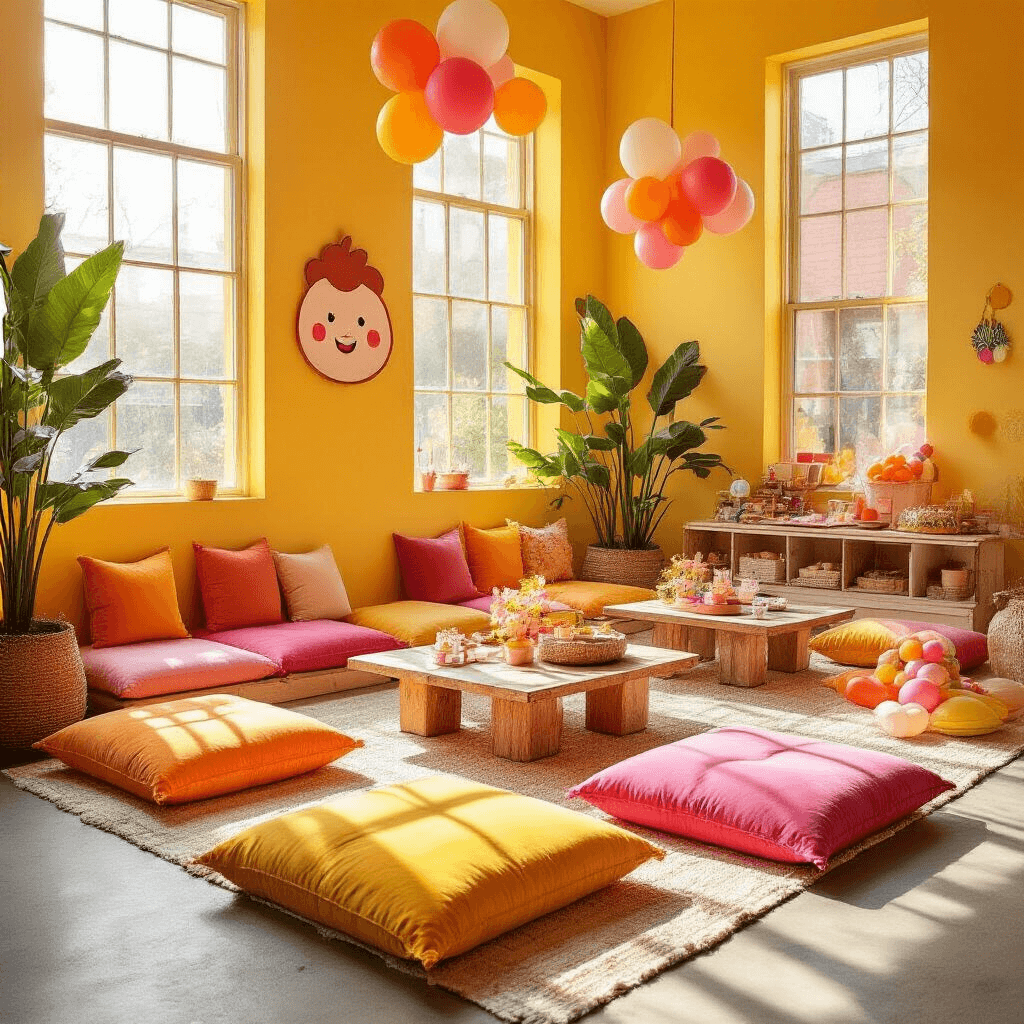 Wide-angle shot of a colorful indoor party setup with low tables and floor cushions in sunshine yellow and vibrant orange, featuring Cocomelon character cutouts, velvet bubblegum pink cushions, rustic wooden trays, and a DIY craft station, all illuminated by midday sunlight creating a joyful atmosphere for toddlers.