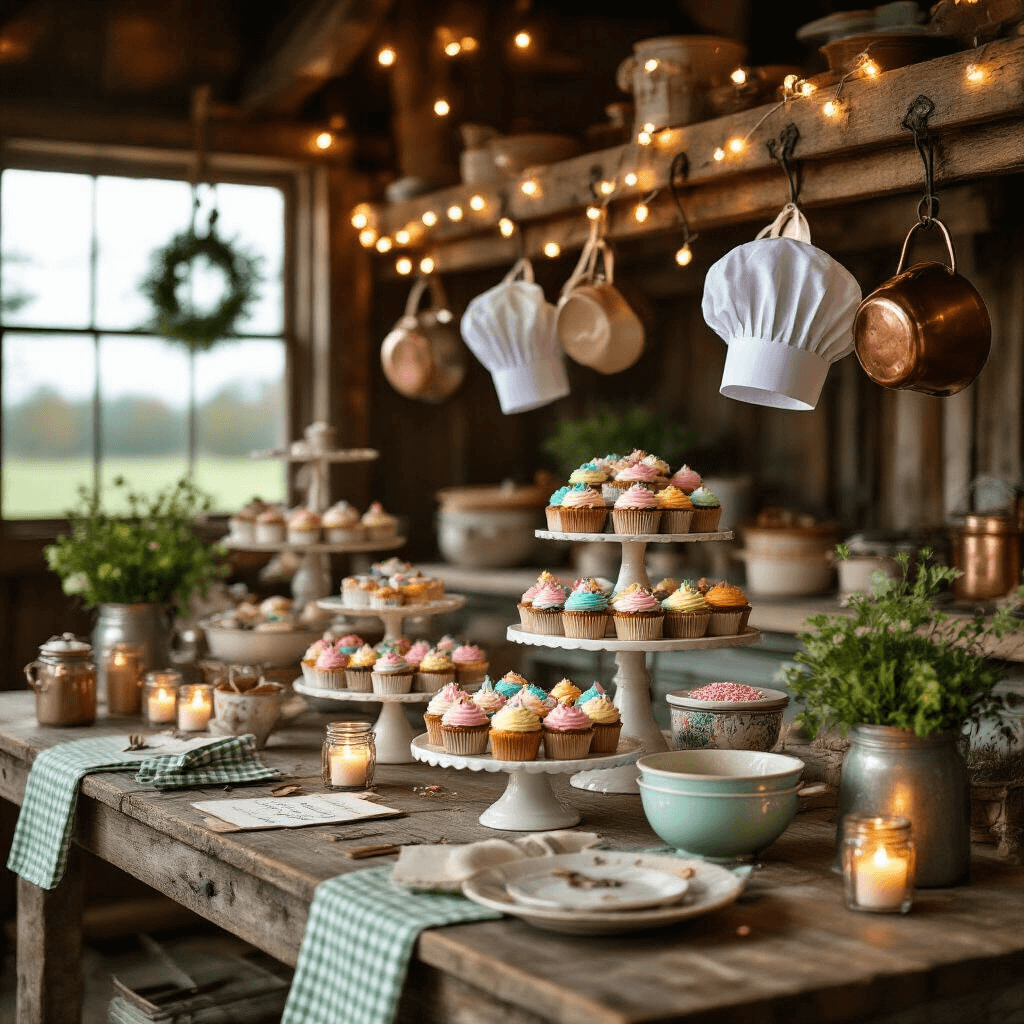 A whimsical baking party scene in a rustic barn kitchen illuminated by candlelight, featuring a cupcake decorating station with vintage ceramic bowls, rainbow frosting options, and personalized chef hats. Warm fairy lights and a terracotta color palette enhance the cozy atmosphere, with fresh herbs, gingham table runners, and illuminated mason jars showcasing recipe cards and colorful sprinkles.