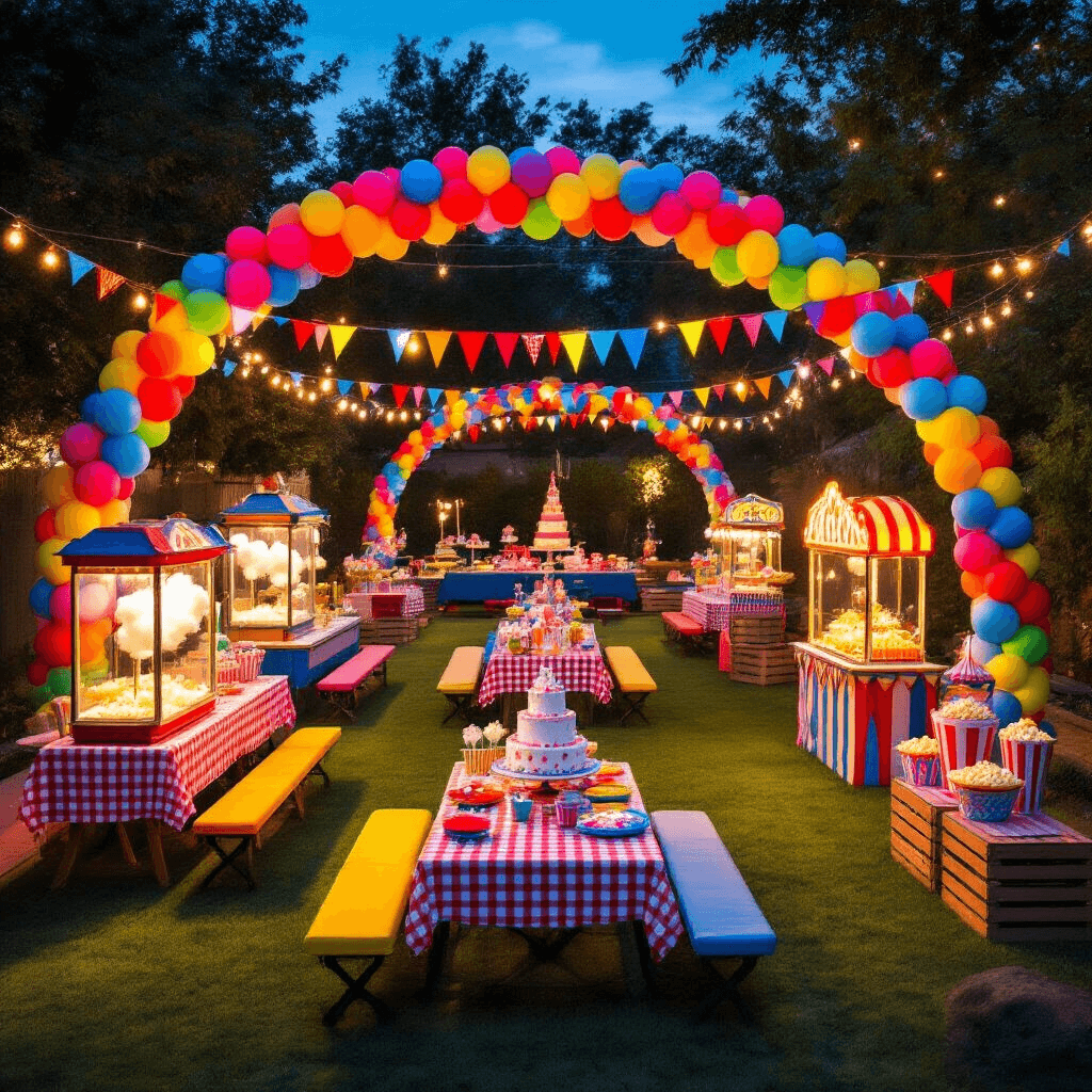 Dramatic overhead view of a vibrant carnival-themed birthday party in a stylish backyard, featuring colorful activity stations, rainbow balloon garlands, string lights, picnic-style seating, an elaborate dessert cart, and festive bunting, all creating an energetic and whimsical atmosphere.