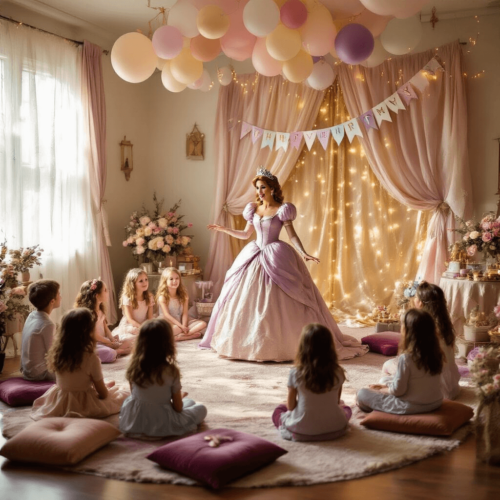 A whimsical indoor birthday party scene featuring a princess performer in a satin gown, surrounded by captivated children on plush velvet cushions, with golden sunlight streaming through sheer curtains and decorations of shimmering fabrics, pastel balloons, and floral arrangements.