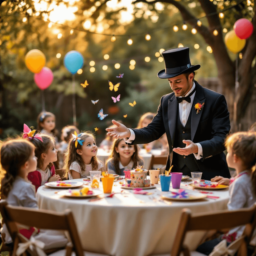 A professional magician performs enchanting tricks for captivated children at a backyard birthday party, surrounded by stylish decor and warm golden hour lighting, featuring colorful magic props and joyful balloon art.