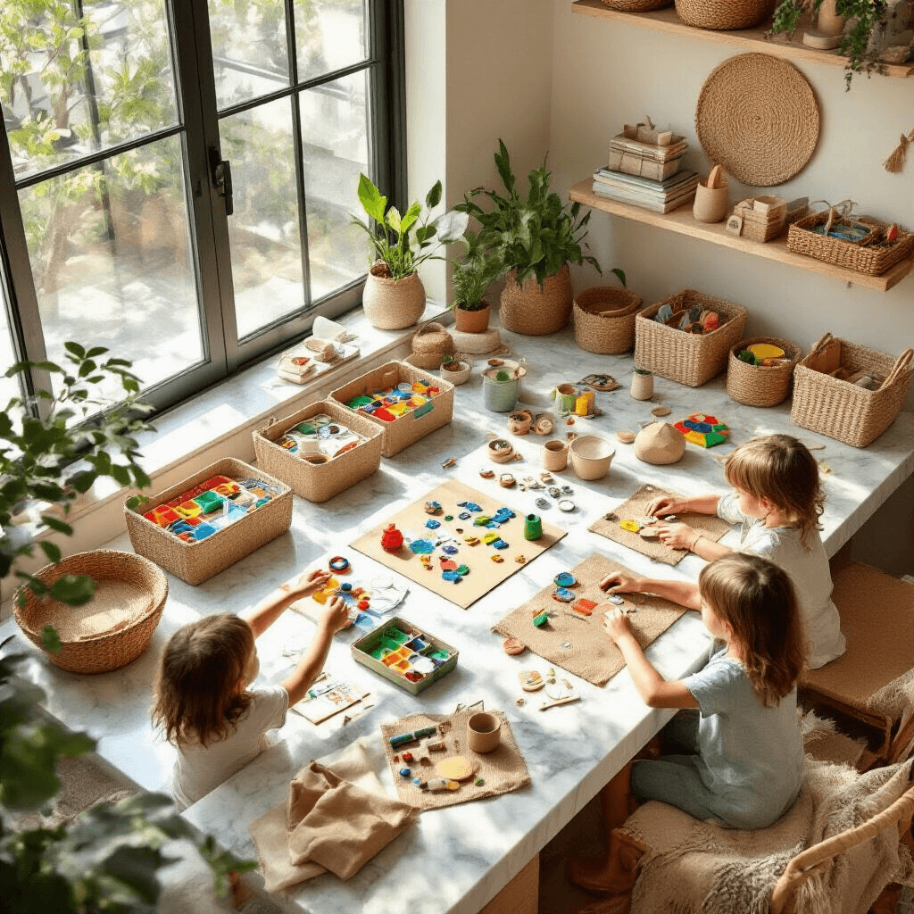 An overhead view of a vibrant game station in a modern apartment, featuring craft supplies in organized containers, scavenger hunt clues, and colorful obstacle course elements, with children's hands reaching for game pieces, all set in a terracotta and sage color palette with natural textures.