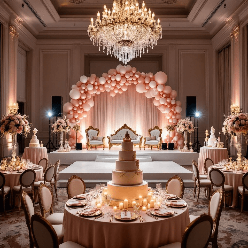 A luxurious indoor birthday celebration in an elegant ballroom, featuring a variety of entertainment zones including a magic show stage, character meet-and-greet area with ornate throne chairs, craft stations on marble tables, and a grand tiered birthday cake. The decor includes blush pink and cream colors with metallic gold accents, floral centerpieces, and cascading balloon installations, illuminated by crystal chandeliers and candlelight, with children in festive attire enjoying the festivities.