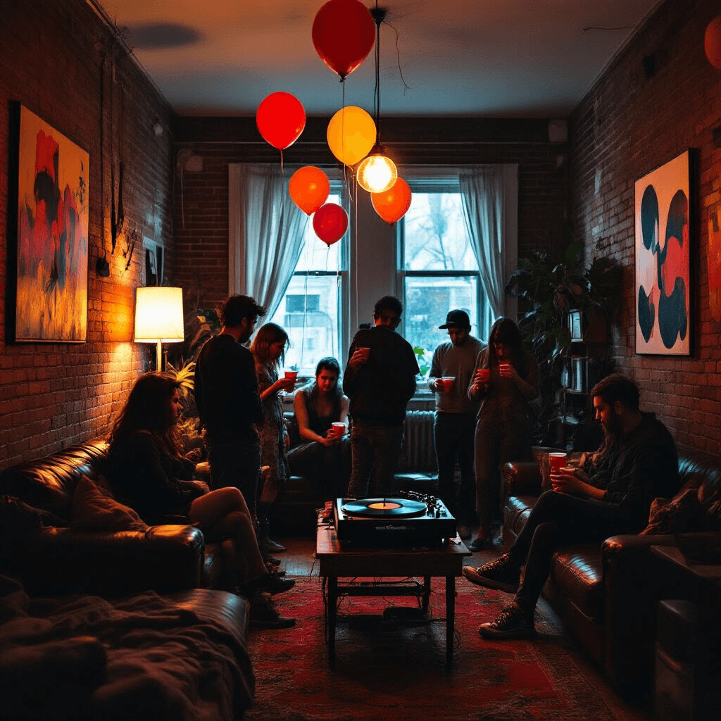 A cozy house party in Parkdale, Toronto, featuring softly lit modern decor, vintage record player, guests with red cups, and a backdrop of exposed brick and abstract art.