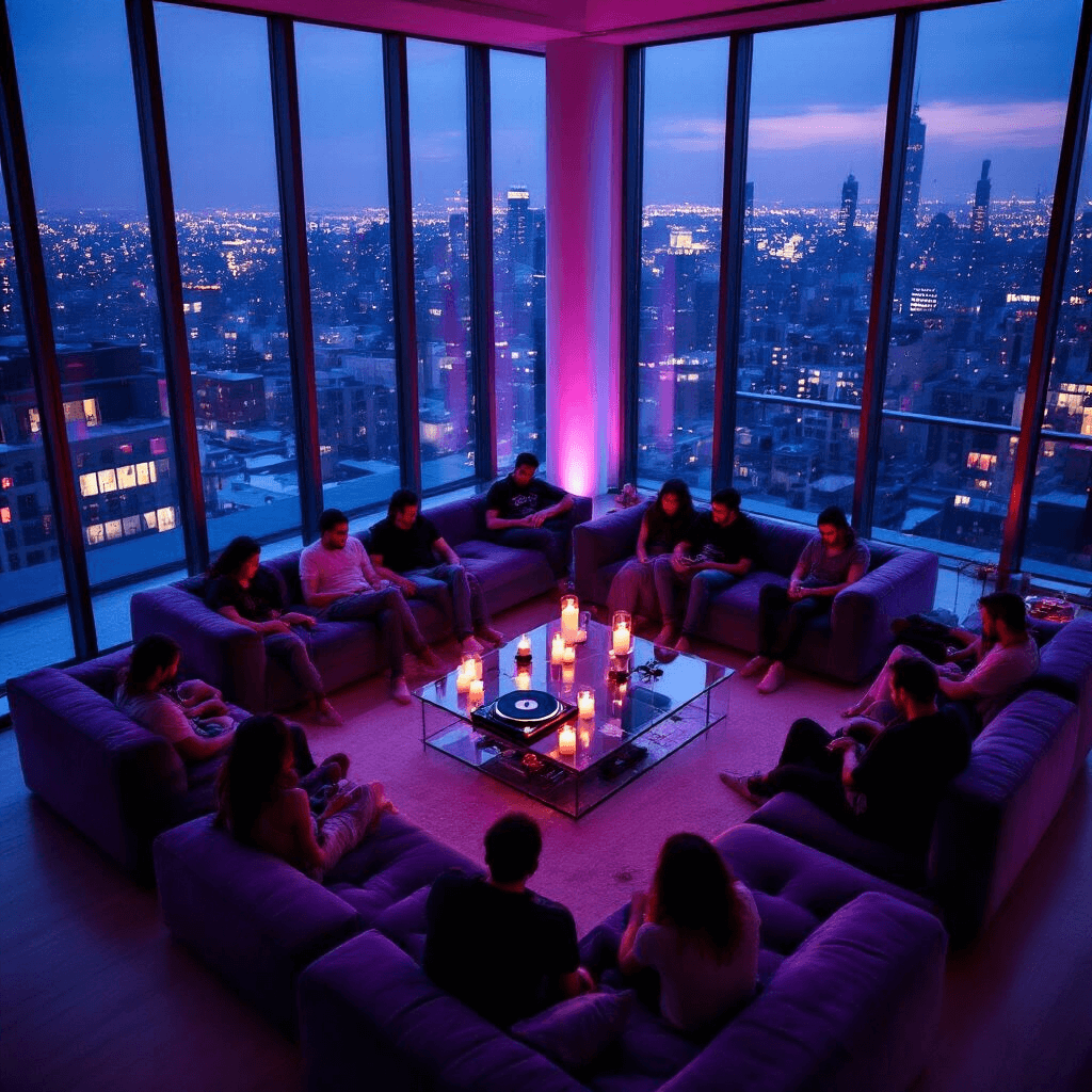A stylized listening party for 'House of Balloons' in a minimalist loft with city views, featuring guests on velvet couches, a glass table with candles and a turntable, and purple and blue lighting, captured from an overhead perspective.