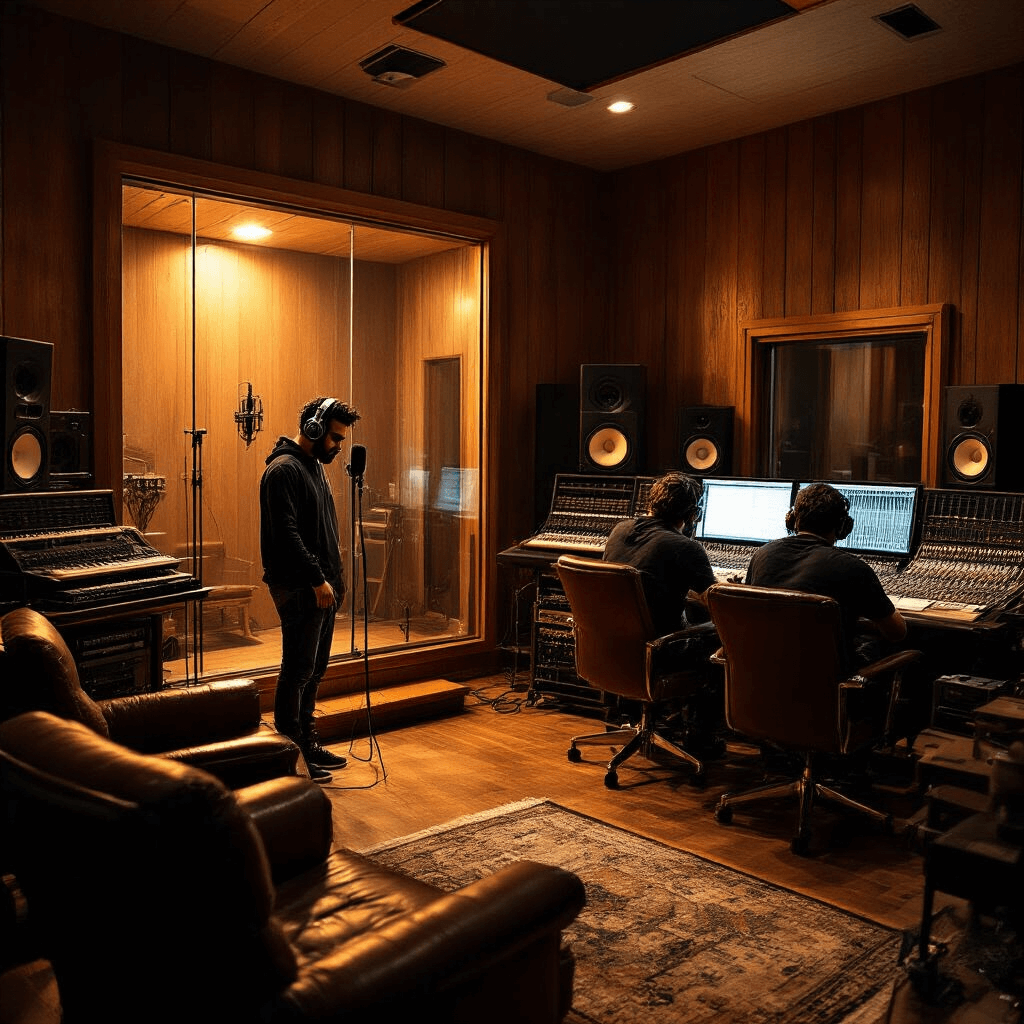 High-end recording studio with vintage and modern equipment, The Weeknd in vocal booth with headphones, producers at mixing board, warm golden hour light illuminating wood-paneled walls.