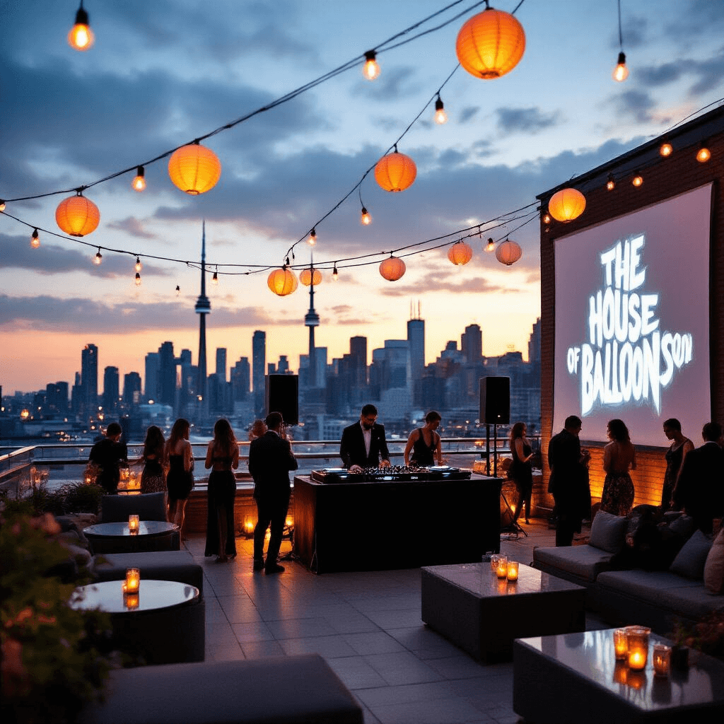 A stylish rooftop terrace album release celebration in Toronto, adorned with string lights and paper lanterns. Guests in chic dark attire mingle and dance near a DJ booth, while a large projection of 'House of Balloons' artwork illuminates one wall, all set against a stunning sunset skyline.