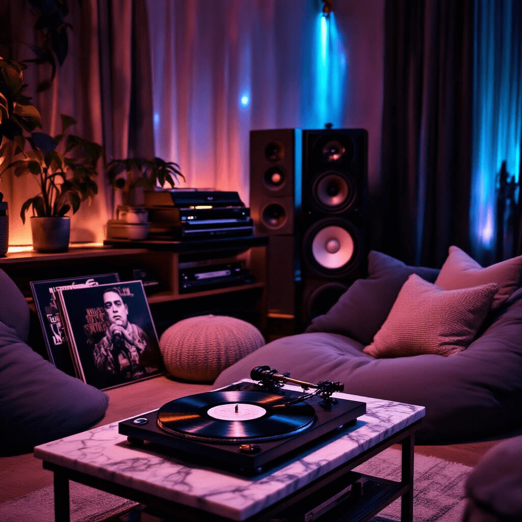 A cozy, dimly lit room featuring a high-end turntable on a marble console, powerful speakers, limited edition vinyl, and Daniel Arsham merchandise, with plush bean bags and ambient LED lighting, focusing on the needle dropping onto the vinyl.