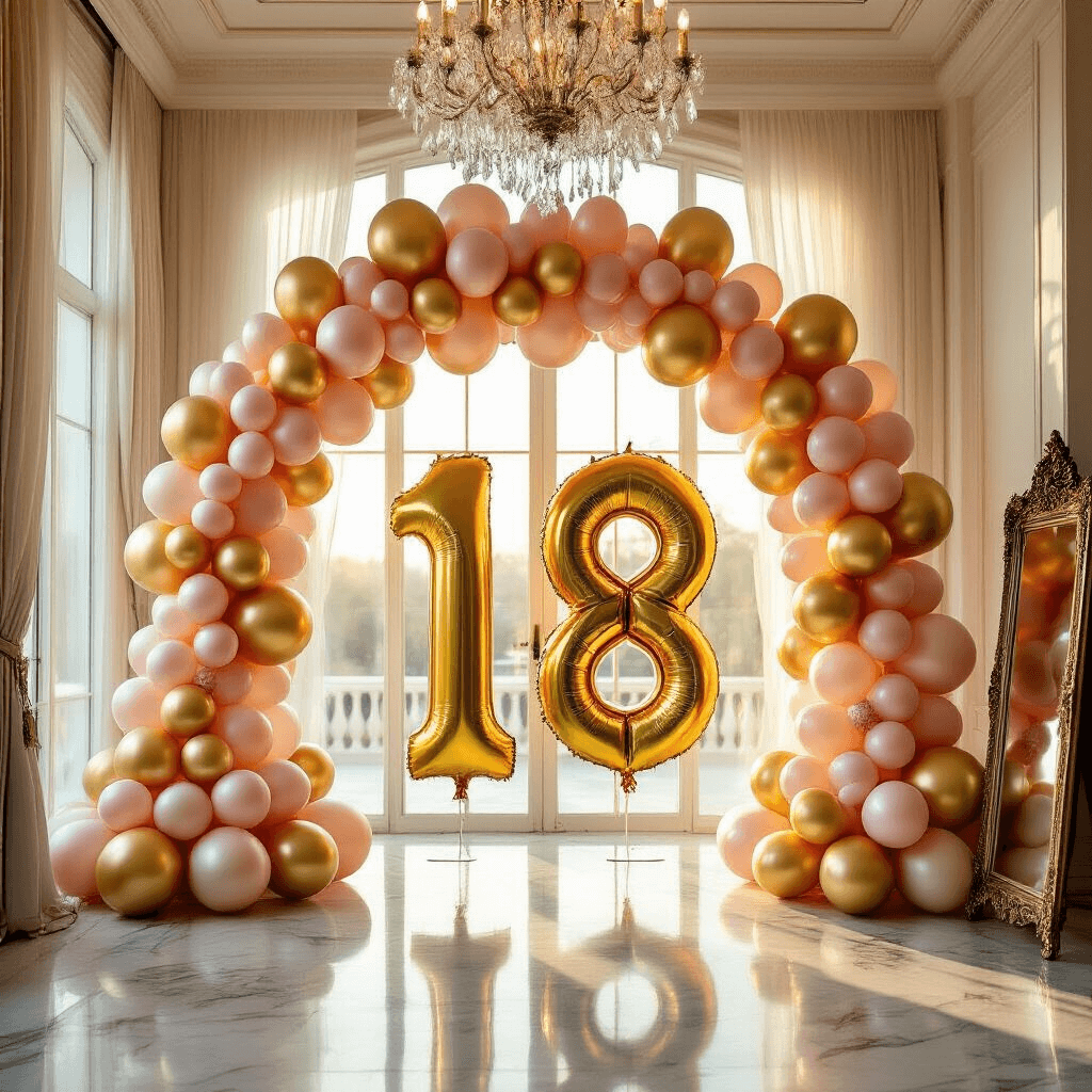 A grand ballroom entrance with a stunning balloon arch featuring oversized gold '18' foil balloons, surrounded by cascading rose gold and blush pink latex balloons. Golden hour light fills the space, highlighting a crystal chandelier and reflecting off the marble flooring, with sheer ivory drapery adding softness. An ornate gold frame mirror is nearby, creating a luxurious and celebratory atmosphere.