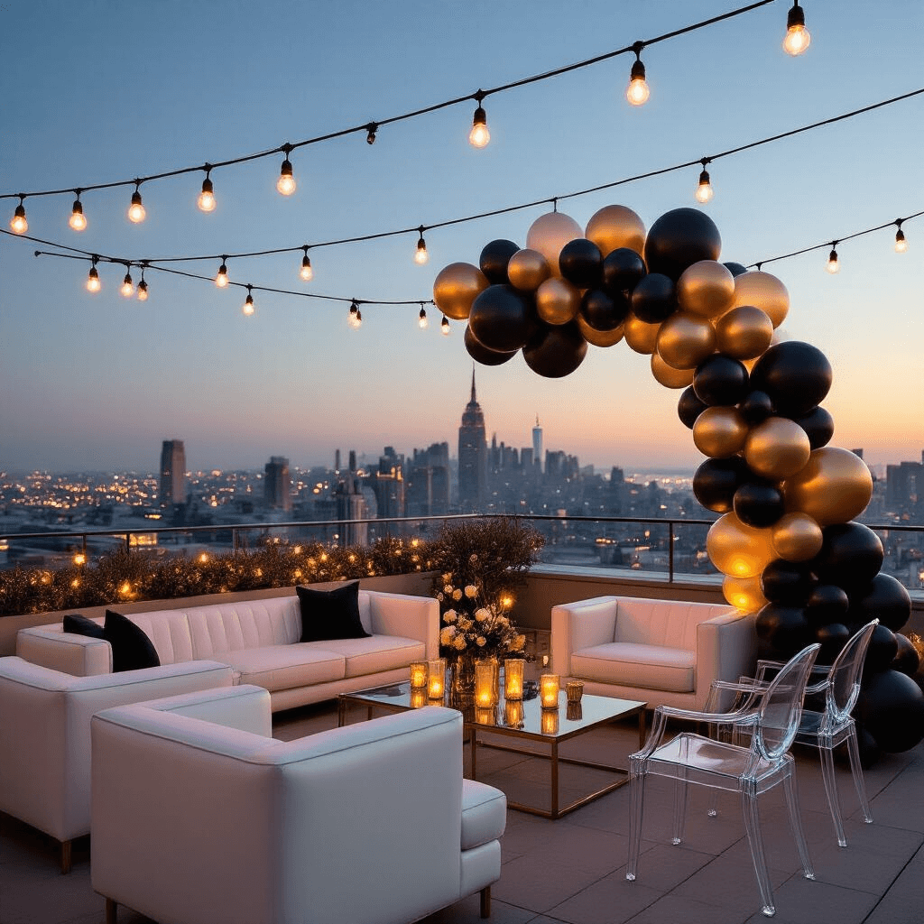 An elegant 18th birthday lounge on a rooftop terrace at twilight, featuring string lights, low white leather sofas, clear acrylic ghost chairs, and a striking balloon installation of matte black, metallic gold, and clear confetti balloons against a city skyline. The scene includes sleek cocktail tables with gold candle holders and minimalist floral arrangements, captured from a slightly elevated angle.