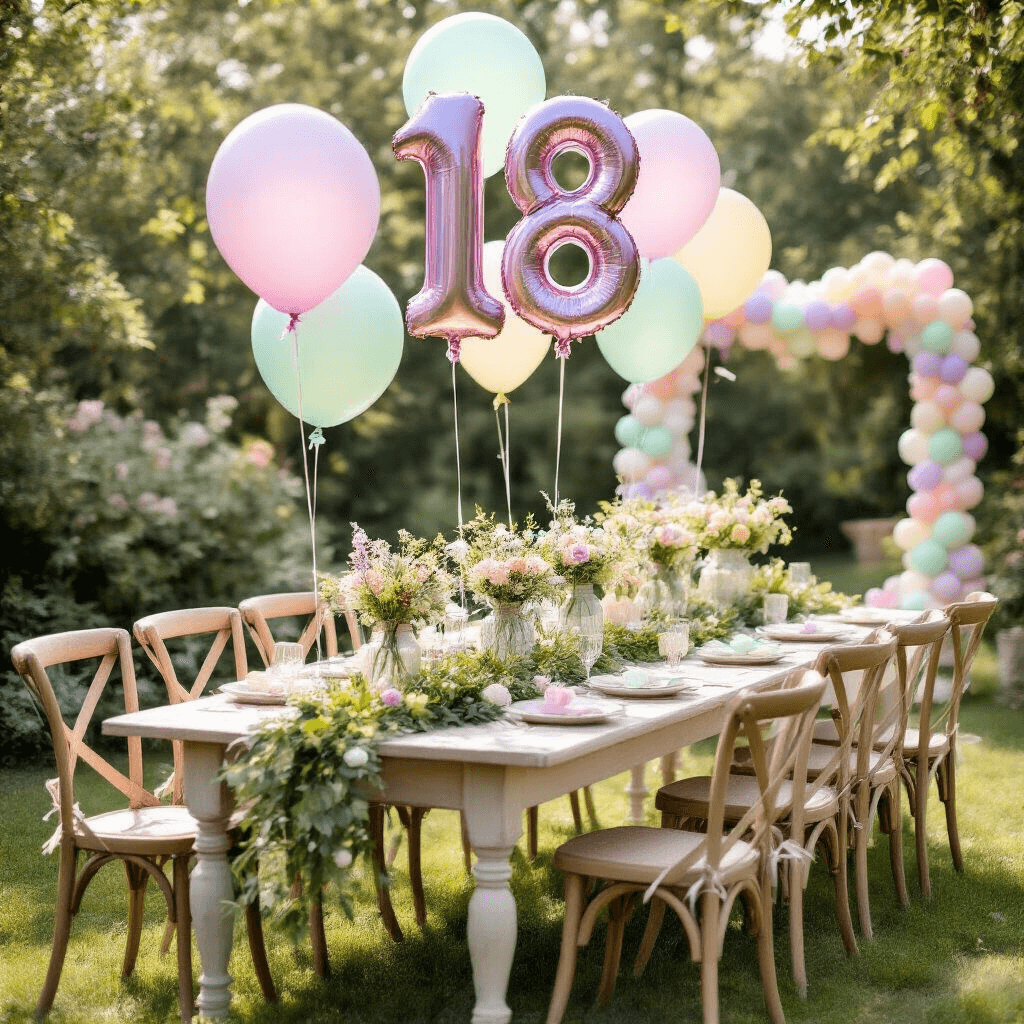 A whimsical garden party setup featuring a long farmhouse table with a greenery and pastel flower runner, oversized iridescent '18' balloons, vintage milk bottles with wildflowers, mismatched chairs with balloon bouquets, and a DIY photo booth with an ombré pastel balloon garland, all bathed in soft morning light.