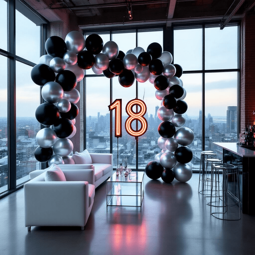 A stylish modern loft decorated for an 18th birthday party, featuring a geometric balloon installation in matte black, silver chrome, and clear balloons, with a neon '18' sign in electric blue, against a backdrop of floor-to-ceiling windows showcasing a city view, illuminated by LED strip lighting and complemented by sleek white furniture.