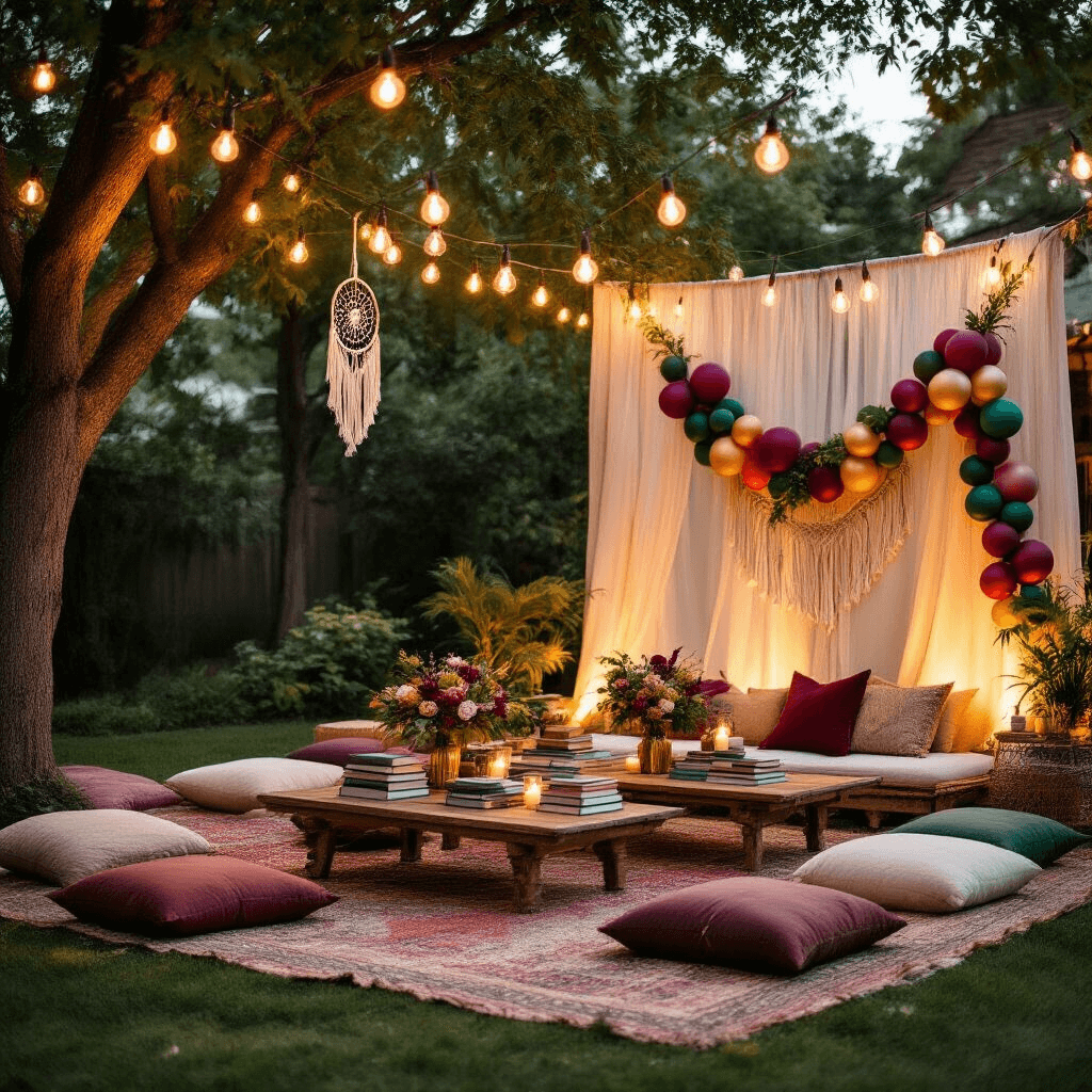A cozy backyard celebration at golden hour with market lights, a boho-chic lounge area featuring low tables and plush floor pillows. Eclectic centerpieces include vintage books and balloon bouquets in jewel tones, with sheer drapery and an organic balloon garland in burgundy, forest green, and gold. Macramé plant hangers and dream catchers add texture, creating an intimate atmosphere for an 18th birthday gathering.