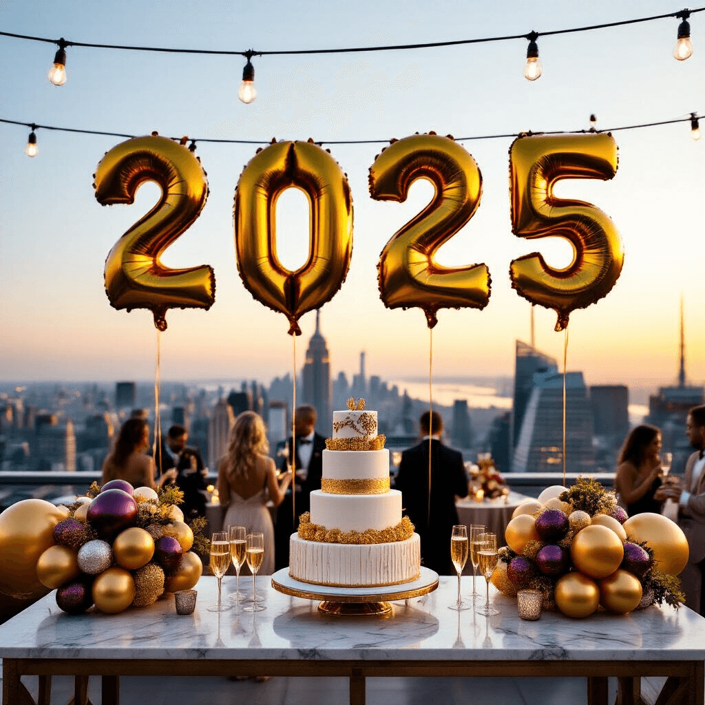 A lavish rooftop terrace at golden hour featuring oversized metallic '2025' balloons, a marble dessert table with a tiered birthday cake, chrome gold and jewel-tone balloon arrangements, and fairy lights overhead, with a cityscape backdrop and guests mingling around silk-draped cocktail tables holding champagne flutes.