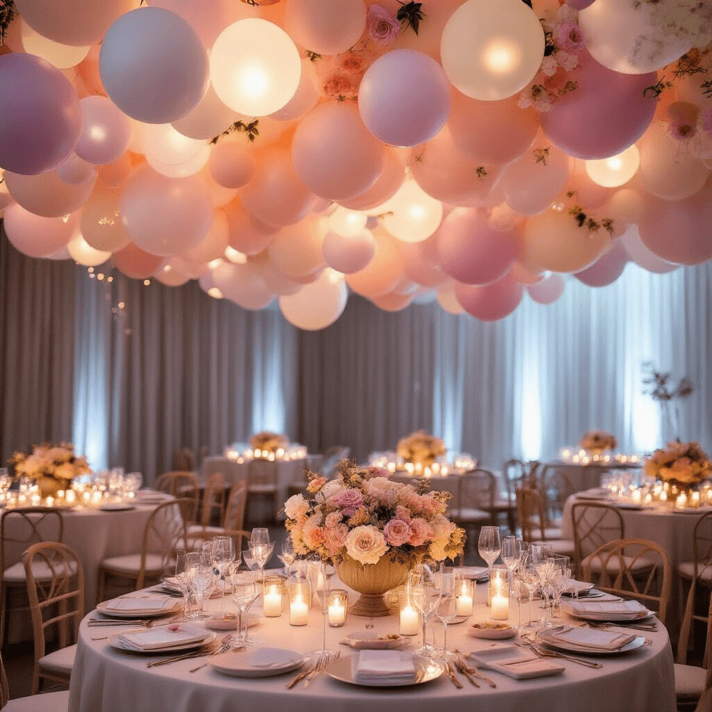 An elegant indoor ballroom adorned with biodegradable latex balloons in pastel shades forming a cloud-like ceiling, featuring round tables with artistic balloon centerpieces and delicate fresh florals, softly lit by flickering candlelight and surrounded by sheer drapery and twinkling fairy lights.