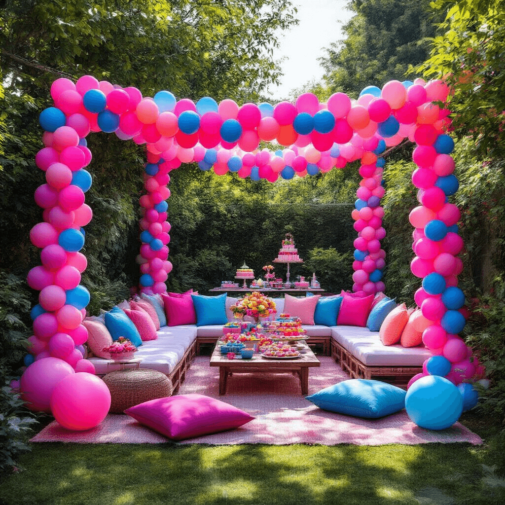 Vibrant outdoor garden party scene with neon pink and electric blue balloon garlands, a cozy lounge area with low tables and plush floor cushions, colorful dessert cart, and lush green garden, all captured in natural midday sunlight from an overhead perspective.