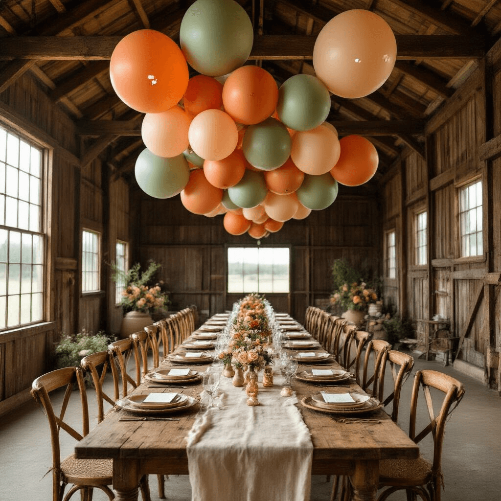 A wide-angle view of a rustic barn interior featuring an interactive balloon installation with oversized terracotta and sage balloons, projected designs, and a long farmhouse table set with textured linens and terrariums, illuminated by golden hour light.