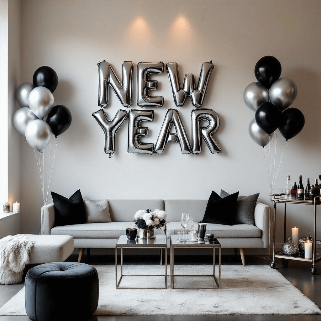 A luxurious minimalist living room setup for New Year's Eve features a sleek balloon installation spelling out the new year in metallic silver and matte black on the statement wall. Modern low furniture is arranged for conversation, accented with chrome balloon clusters. A stylish bar cart with balloon-inspired cocktail stirrers stands in the corner, while soft ambient lighting and candles create a moody atmosphere. A detail shot highlights the intricate textures and sophisticated color palette of the balloon wall.