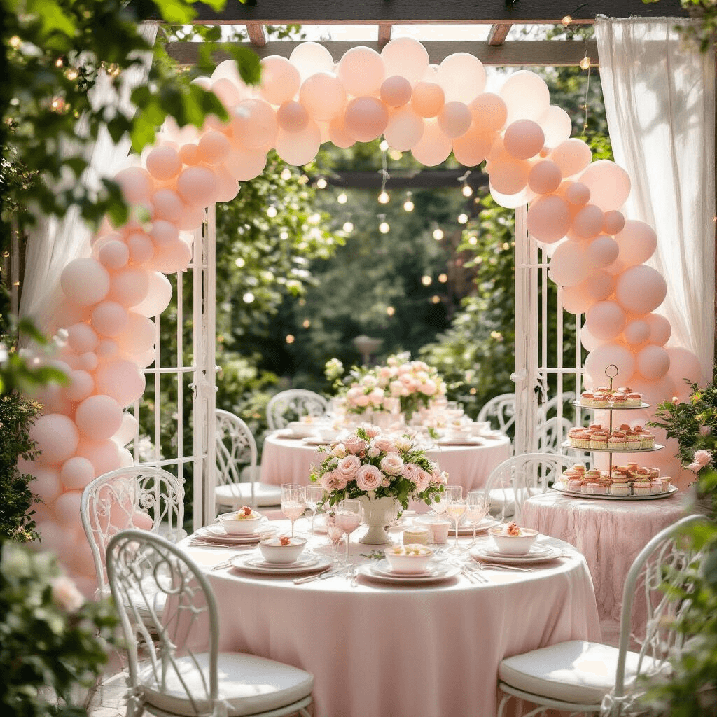 A beautifully decorated garden terrace for Mother's Day brunch, featuring pastel balloon arch, tables with blush pink linens, floral centerpieces, and a dessert cart with sweet treats, all illuminated by fairy lights and softened by natural sunlight.