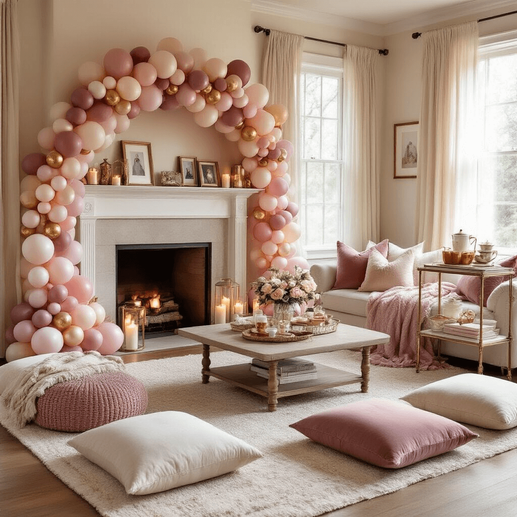 Cozy Mother's Day living room with a low coffee table, plush floor cushions in cream and dusty rose, an ombre pink and gold balloon garland, a fireplace mantel adorned with candles and framed photos, textured throw blankets and silk pillows, and a tea service cart, all bathed in warm golden hour light.