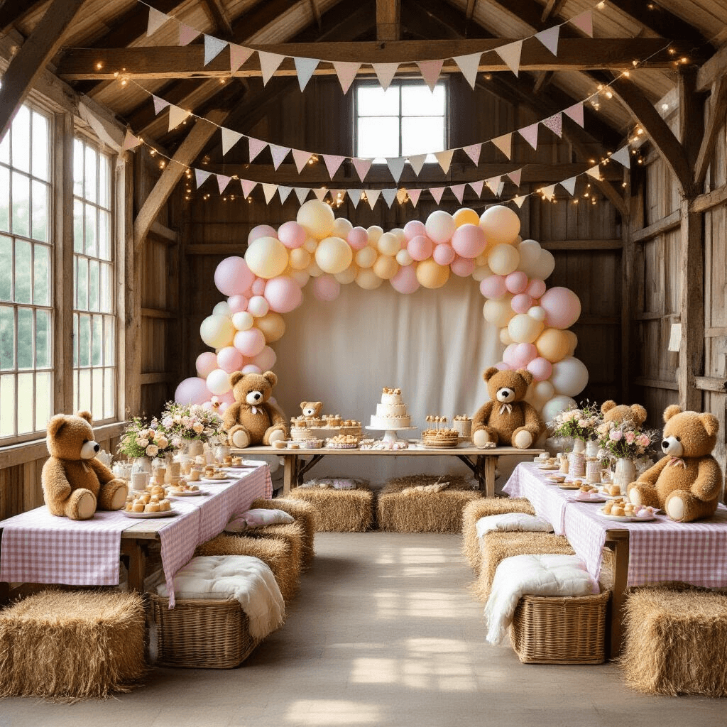 A rustic barn interior decoratively arranged for a teddy bear picnic celebration, featuring sunlight streaming through windows, wooden beams with fairy lights, long tables set with gingham runners and teddy bear place settings, a dessert table with bear-shaped cookies and a naked cake, hay bale seating areas with blankets and teddy bears, and picnic baskets with party favors.