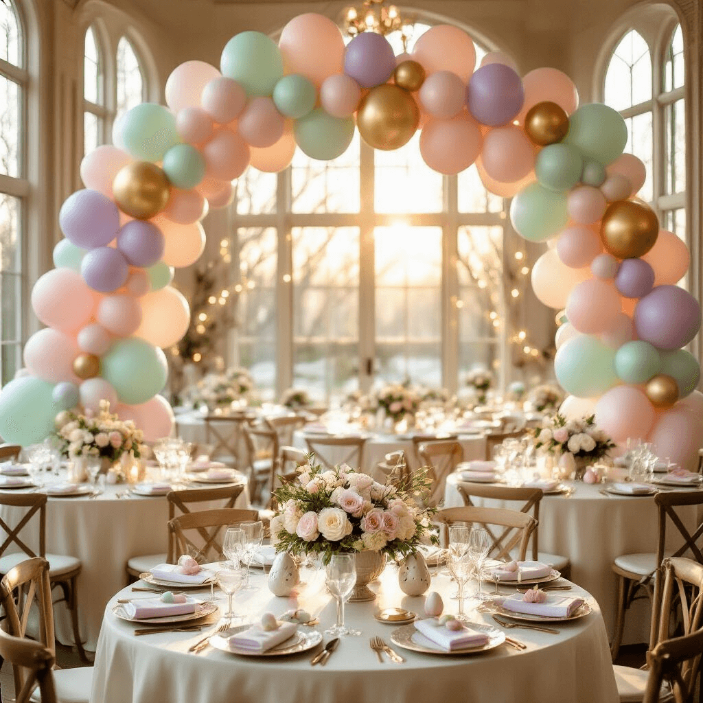 Elegant indoor ballroom decorated for Easter, featuring a pastel balloon arch, warm sunlight, round tables with ivory silk linens, floral centerpieces, and bunny-shaped mylar balloons, creating a festive and sophisticated atmosphere.