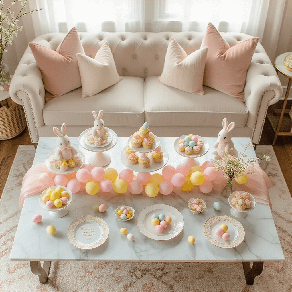 Intimate overhead view of a cozy living room Easter brunch setup with a low coffee table adorned with a blush pink and cream balloon garland, surrounded by pastel velvet floor cushions. The scene features tiered cake stands with Easter treats, small bunny balloon clusters, delicate spring florals, ceramic plates with gold rims, and scattered soft yellow and mint Easter egg balloons, all bathed in soft morning light. Personalized Easter favor bags with balloon ties add a whimsical touch to the intimate gathering.