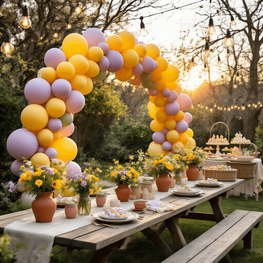 Cinematic backyard garden party during golden hour with rustic picnic tables, terracotta and sage green balloon arrangements, wildflowers in mason jars, a dessert cart under a balloon arch, and twinkling string lights, creating a magical atmosphere.