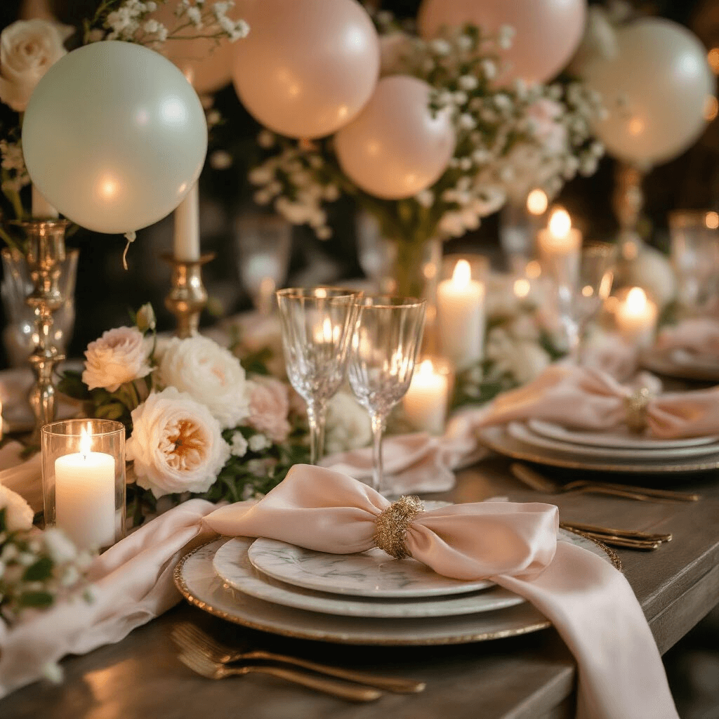 Close-up detail of an elegant Easter dining table with marble charger plates, crystal stemware, and silk blush pink napkins, featuring balloon centerpieces in cream and soft mint, fresh peonies and baby's breath, and glowing pillar candles, all set in a soft candlelit ambiance.